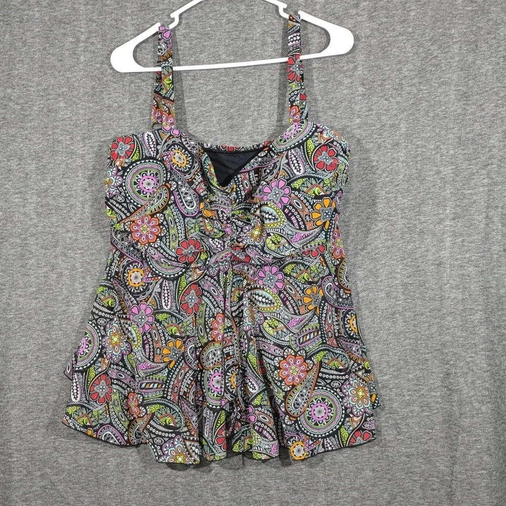 Fit 4 U Fit 4 Ur Tummy Paisley Tiered Ruffle Tankini Swim Top Plus Size 22W